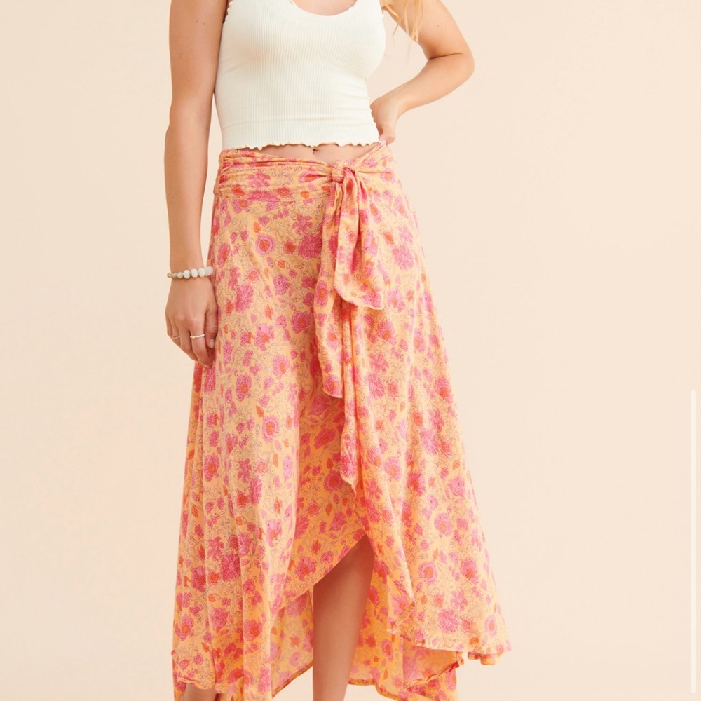 BEACHGOLD Orange Maxi Wrap Skirt Asymmetrical Tie Front